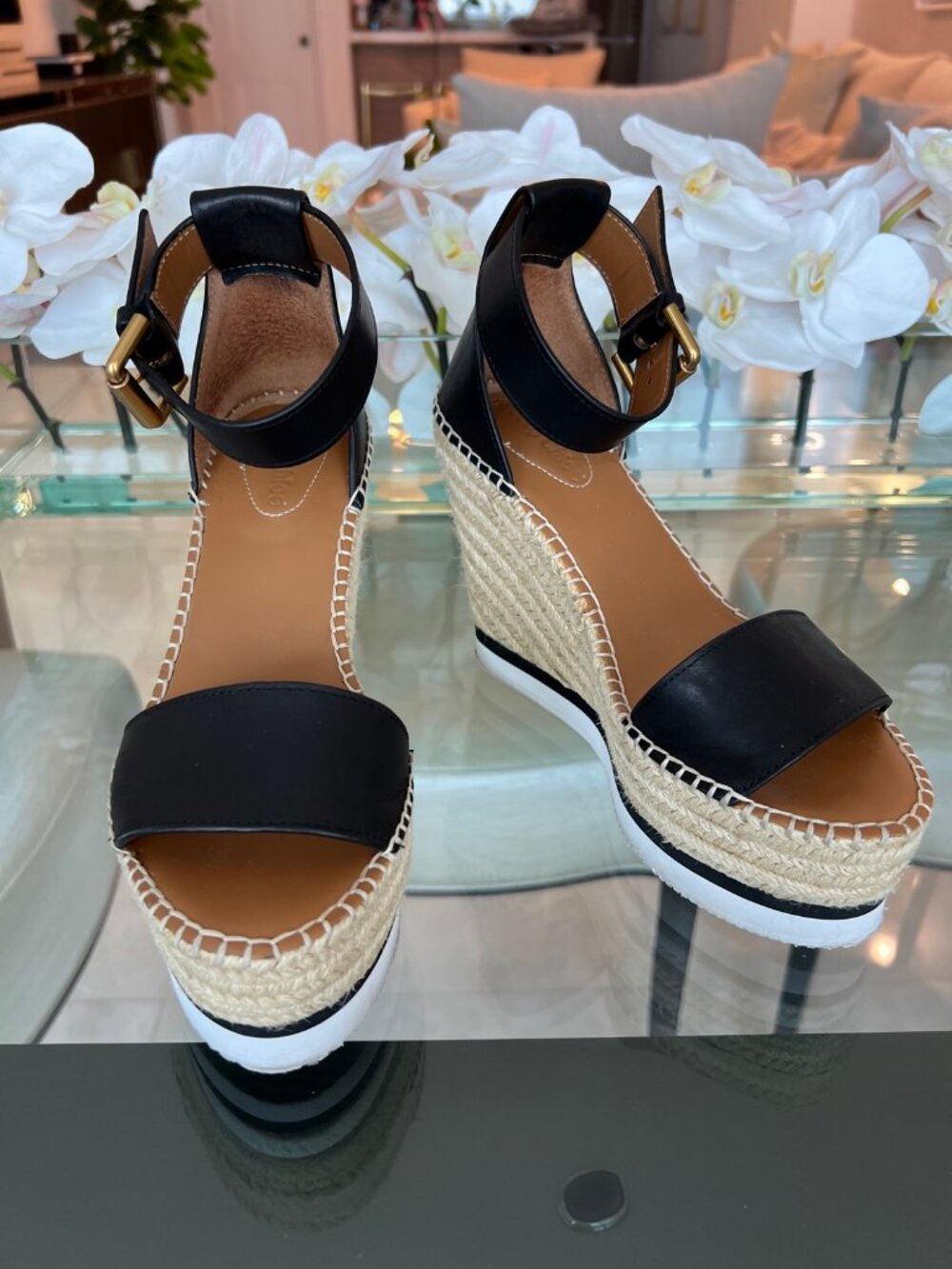 SeeByChloé Black Leather Espadrille Wedges Ankle Strap Italy 37 7